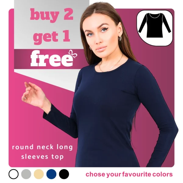 Buy 2 Get 1 Free Round Neck Long Sleeves Top