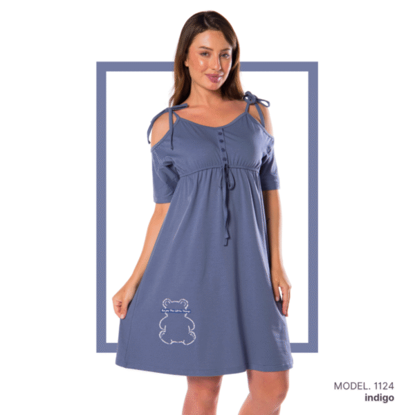 Women’s home wear R1124 half long cotton night shirt-INDIGO