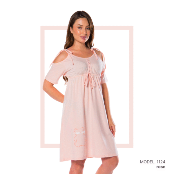 Women’s home wear R1124 half long cotton night shirt-ROSE