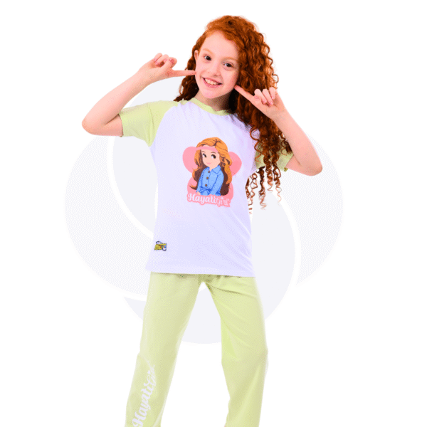 Hayati Girl 2 pcs set - Spacetoon Cotton Raglan pajama - white raglan t-shirt-light green pants