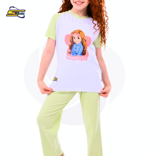 Hayati Girl 2 pcs set - Spacetoon Cotton Raglan pajama - white raglan t-shirt-light green pants