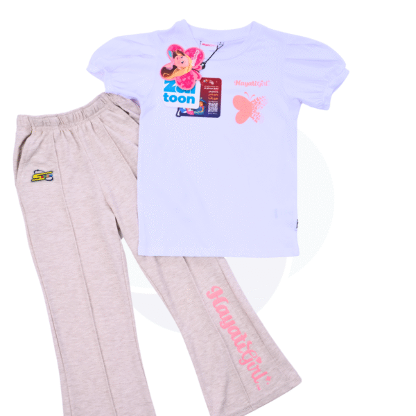 Hayati Girl 2 pcs set - Spacetoon cotton outwear set - white t-shirt with grey wide legs pants