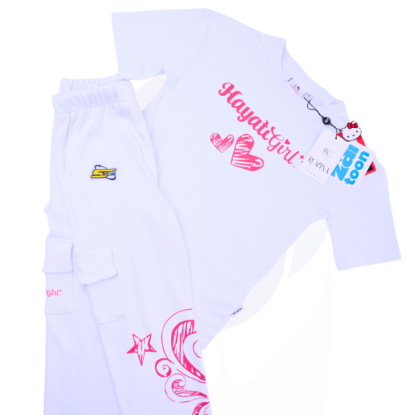 Hayati Girl 2 pcs set - Spacetoon cotton outwear set-white t-shirt and pants printed