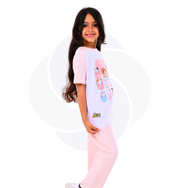 Moshaya Family Girls 2 pcs set- Spacetoon -Cotton- Raglan pajama- white t-shirt-light pink pants