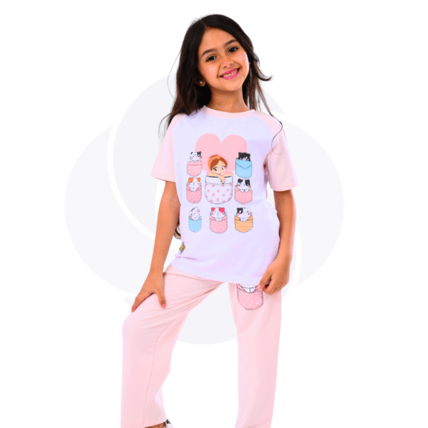 Moshaya Family Girls 2 pcs set- Spacetoon -Cotton- Raglan pajama- white t-shirt-light pink pants