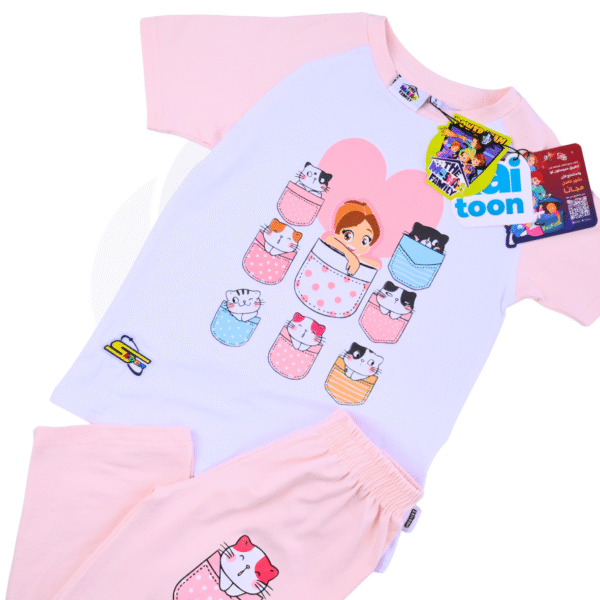 Moshaya Family Girls 2 pcs set- Spacetoon -Cotton- Raglan pajama- white t-shirt-light pink pants