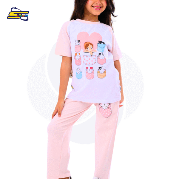 Moshaya Family Girls 2 pcs set- Spacetoon -Cotton- Raglan pajama- white t-shirt-light pink pants