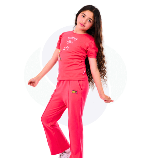 Mooda Moody Girls 2 pcs set - Spacetoon cotton outwear set - pink t-shirt with Mooda printed chracter - pink wide legs pants