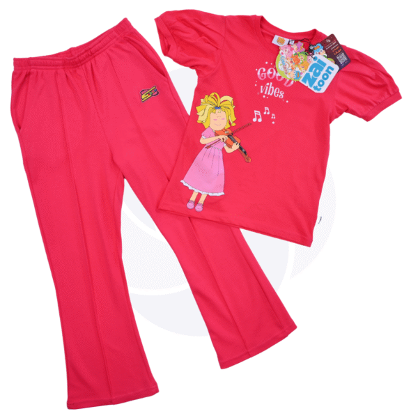 Mooda Moody Girls 2 pcs set - Spacetoon cotton outwear set - pink t-shirt with Mooda printed chracter - pink wide legs pants