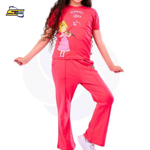 Mooda Moody Girls 2 pcs set - Spacetoon cotton outwear set - pink t-shirt with Mooda printed chracter - pink wide legs pants